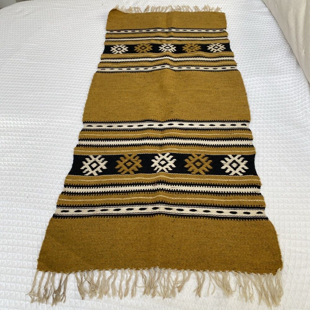Vintage Handwoven Wool Kilim Rug Flat weave Mexican Southwest Gold Black - Picture 4 of 8